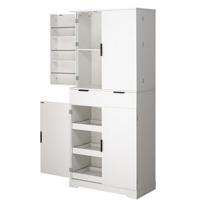 Fluted Kitchen Pantry Cabinet With 3 Keyboard Drawers & 6 Adjustable Door Shelves