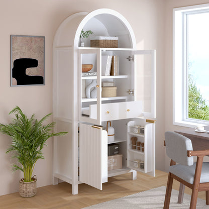 Fluted Tall Arched Pantry Cabinet With Adjustable Shelves, Glass Door & Hidden Drawer For Kitchen