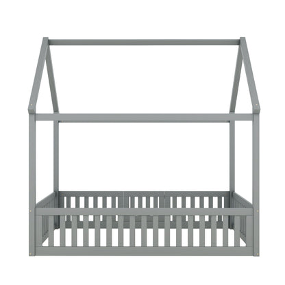 Wood House Bed With Fence And Door