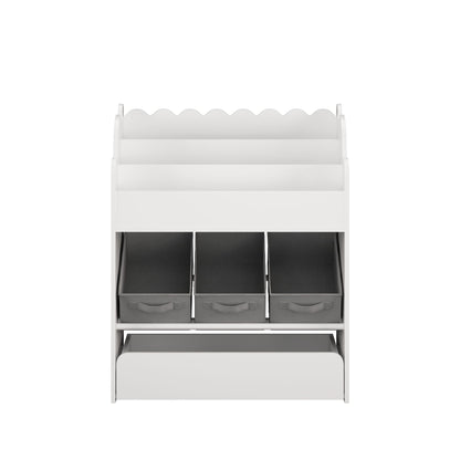 Bookshelf With Storage Bins And Drawer, Multi Functional Book Organizer For Toddlers - White