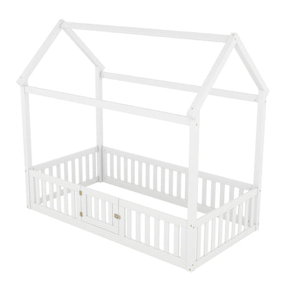 Wood House Bed With Fence And Door