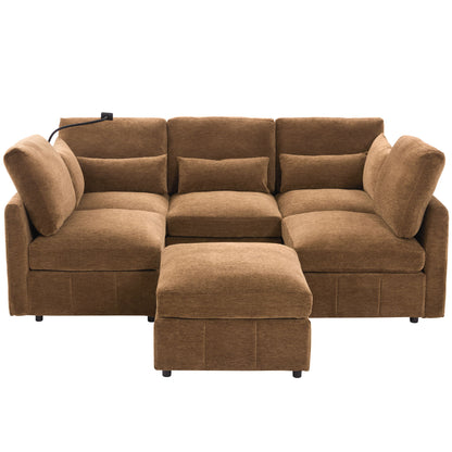 Modern Modular U-Shaped Sofa Bed With Movable Ottoman, USB Ports, Phone Holder