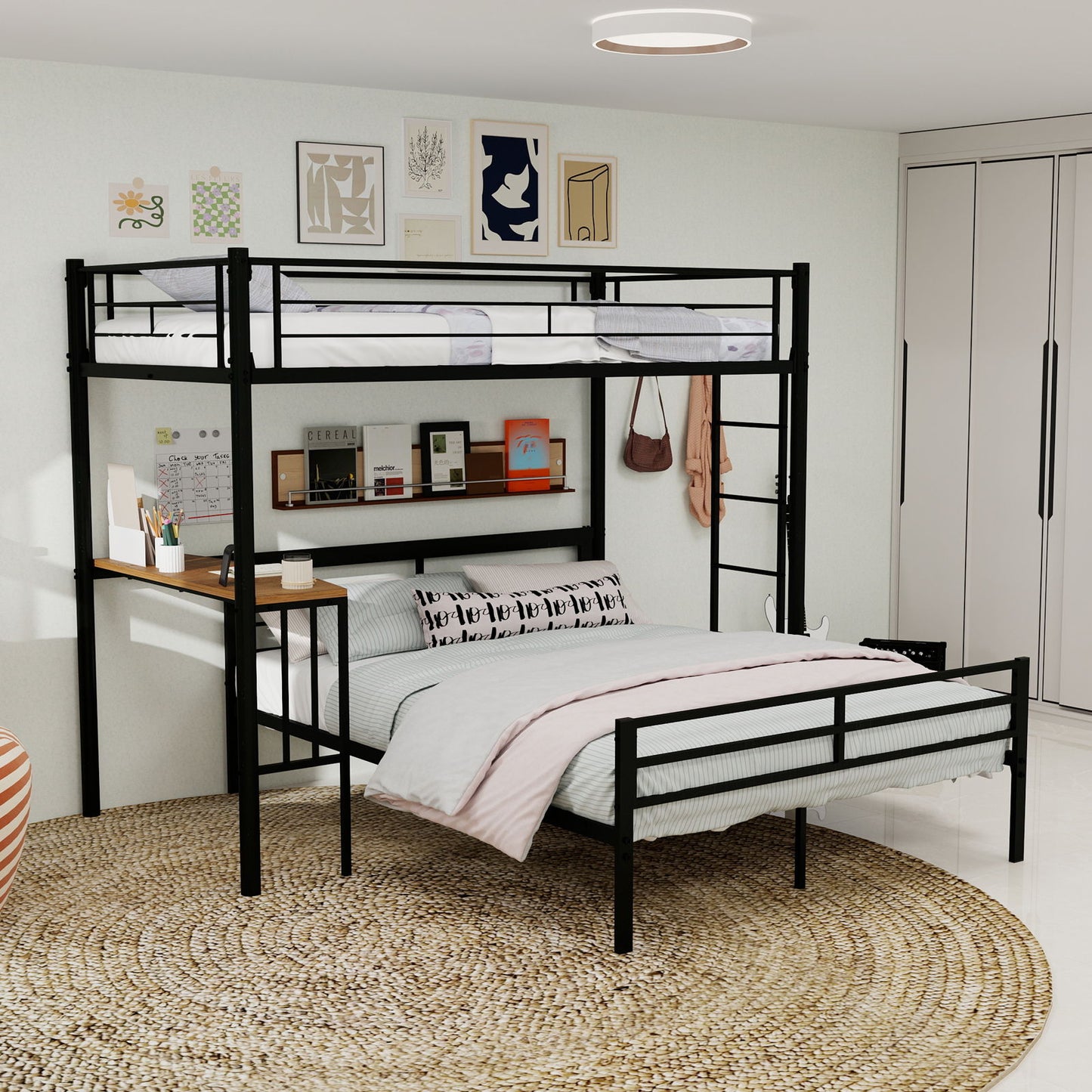Bunk Bed With Built In Desk & Guardrail Frame