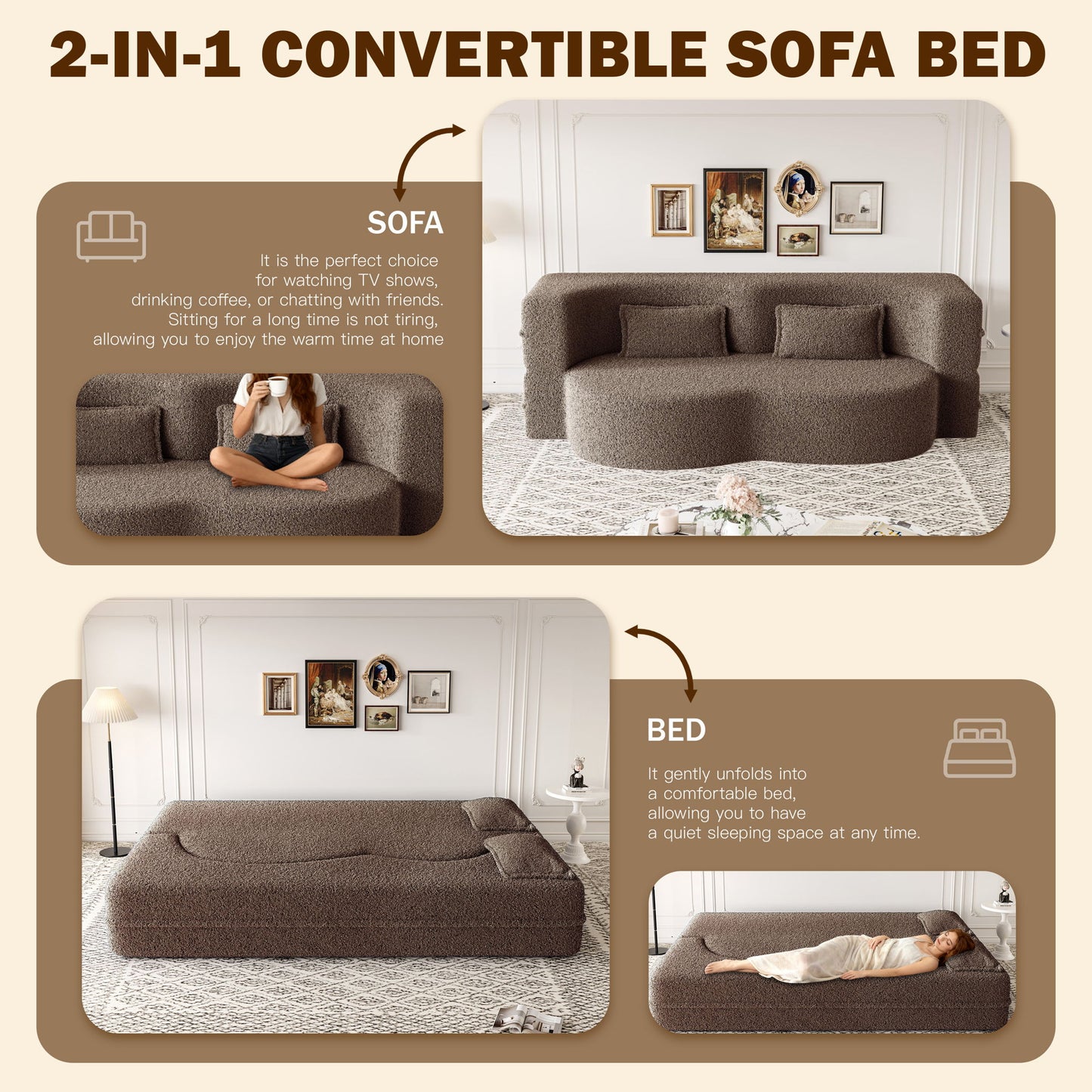 Modern Floor Sleeper Sofa Bed With 2 Pillows, Convertible Twin Size Folding Mattress For Living Room