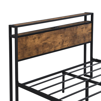 Platform Bed Frame With Wooden Headboard And Footboard, USB Liner