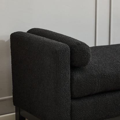 Elegant Upholstered Bench, Daybed, Ottoman With Wood Legs & 2 Bolster Pillows - Black Boucle
