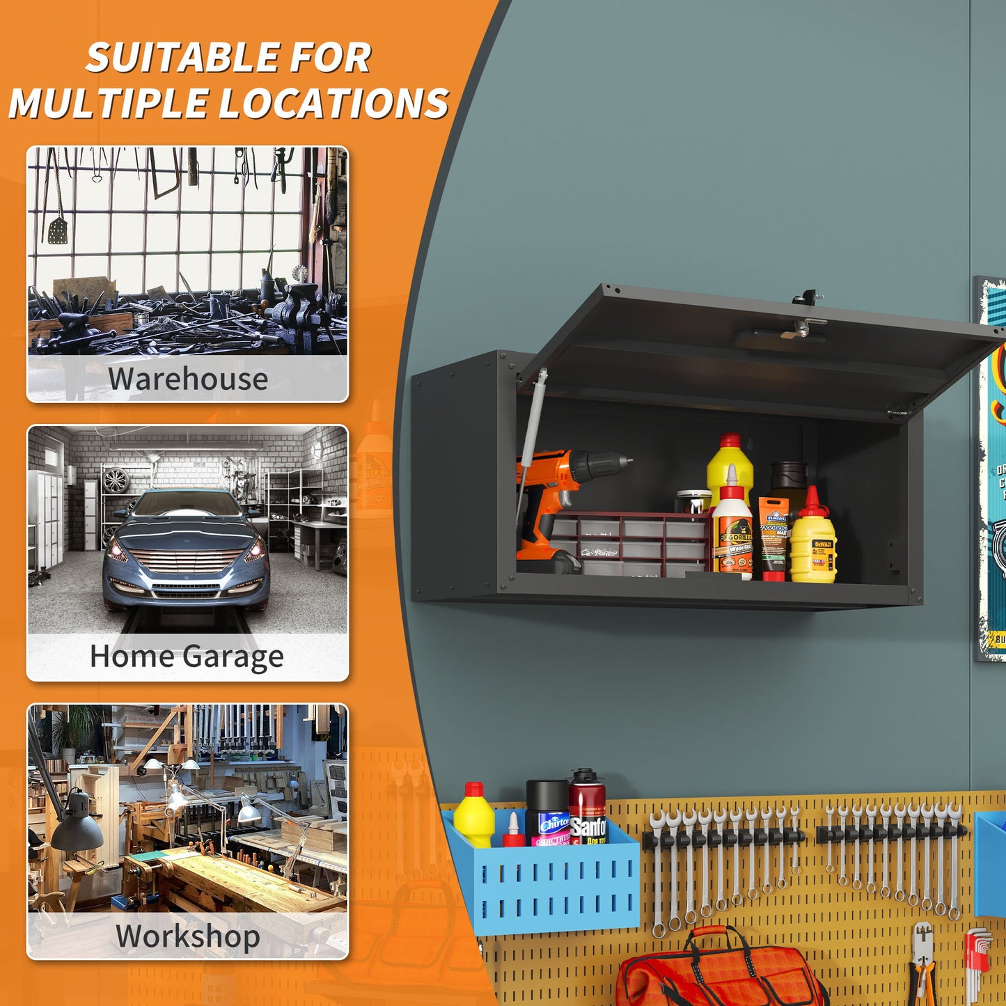 Heavy Duty, Metal Wall Mounted Tool Storage Cabinet Steel Metal Garage Storage Cabinet - Black / Gray