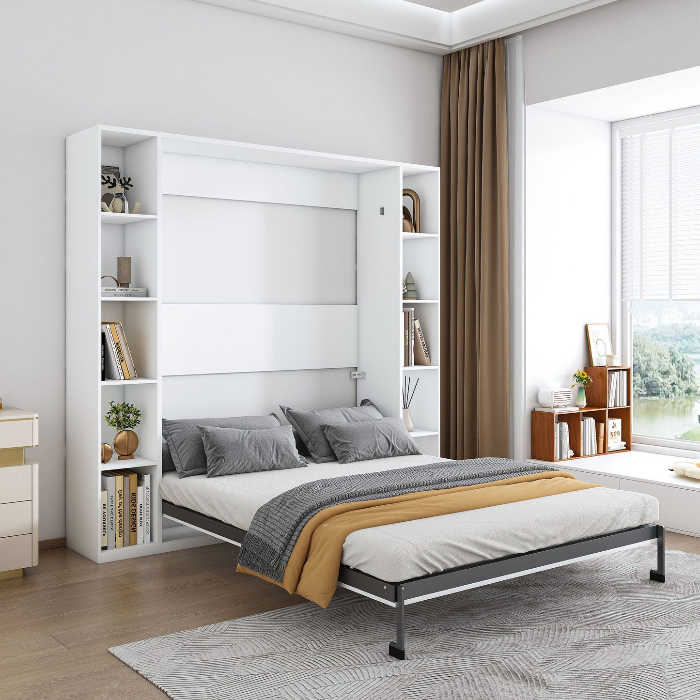 Queen Murphy Bed With Storage Cabinet, Foldable Wall Bed For Bedrooms - White