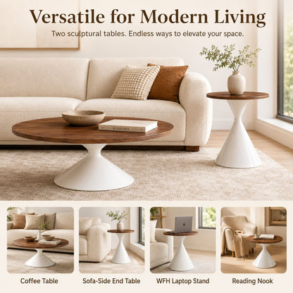 2 Piece Round Coffee Table Set - Walnut / White