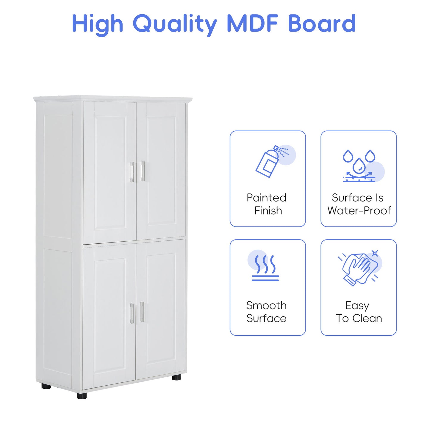 Tall And Wide Bathroom Floor Storage Cabinet With 4 Doors, Adjustable Shelves - White