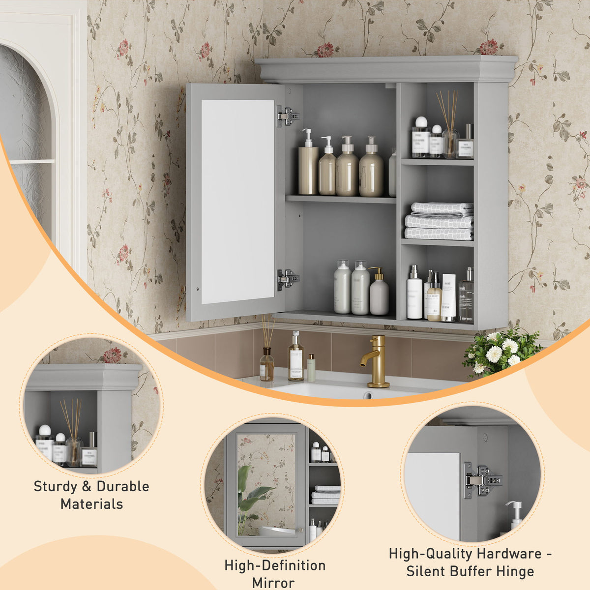 Wall Mounted Bathroom Medicine Cabinet With Mirror And Adjustable Storage With Soft Close Hinges