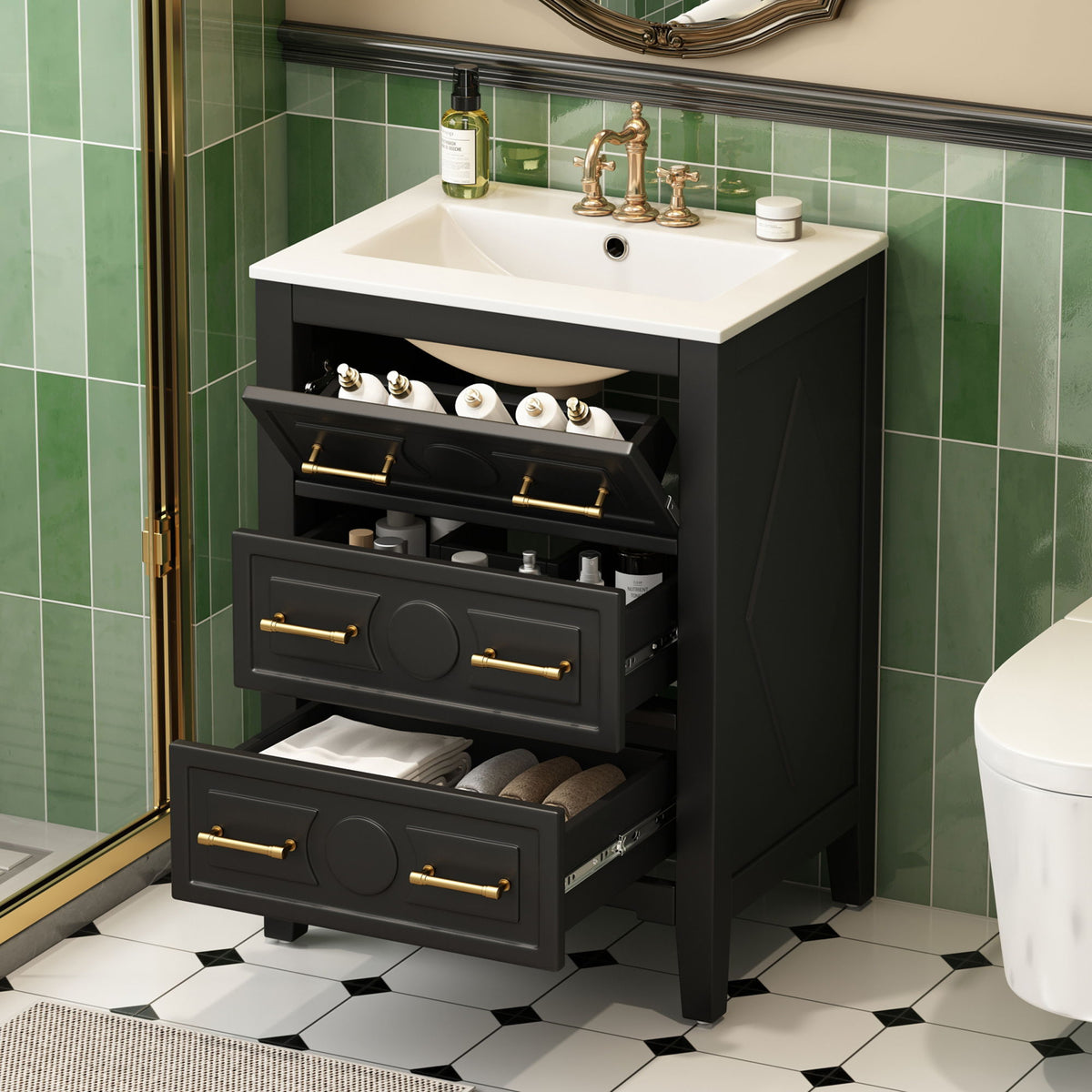 Bathroom Vanity With Sink, Free Standing Single Set, 3 Drawer Storage Cabinet