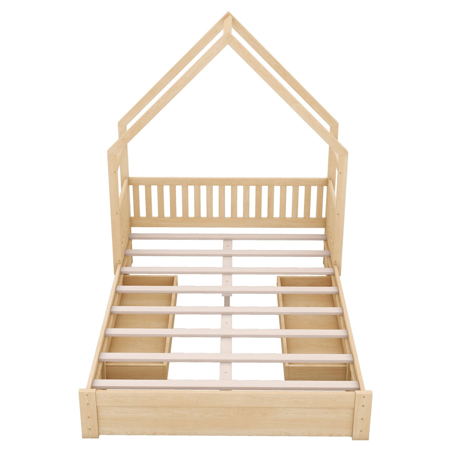 House Style Platform Bed With Guardrail And 2 Drawers