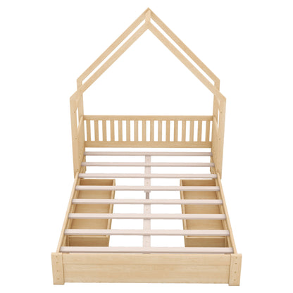 House Style Platform Bed With Guardrail And 2 Drawers