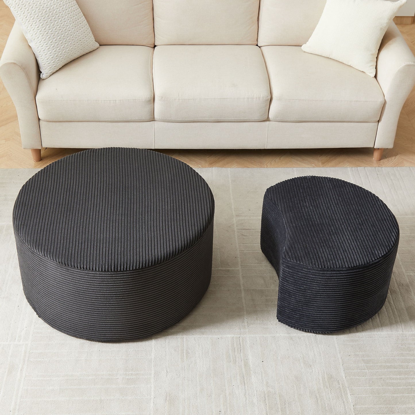 Modern Upholstered Round Coffee Table For Living Room (Set of 2)