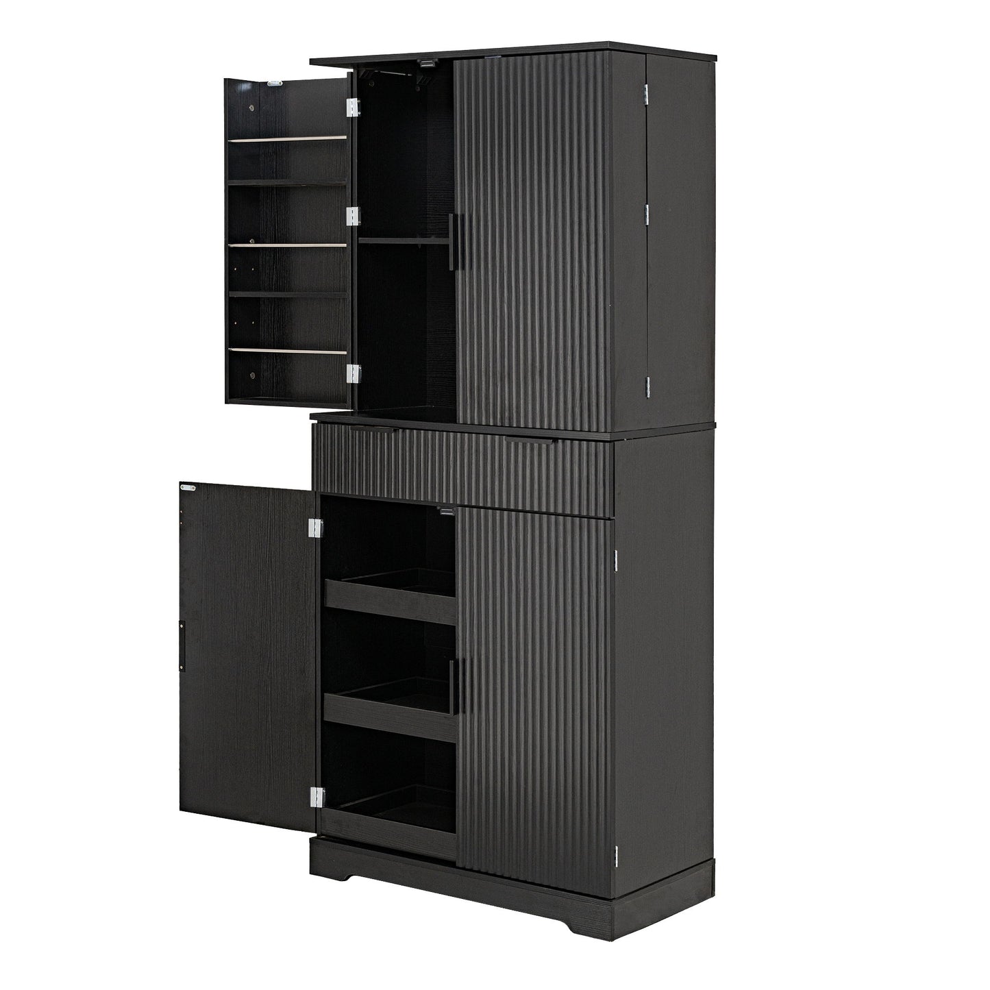 Fluted Kitchen Pantry Cabinet With 3 Keyboard Drawers & 6 Adjustable Door Shelves