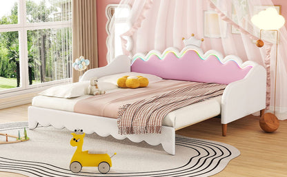 Extending Daybed With LED Lights, Modern Upholstered Princess Daybed With Crown Headboard