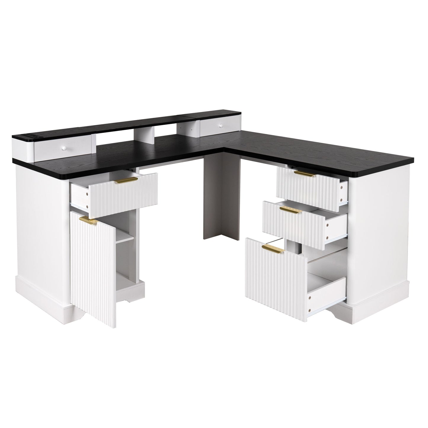 Fluted L-Shaped Desk With Charging Station & Storage Cabinet