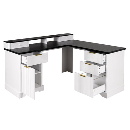 Fluted L-Shaped Desk With Charging Station & Storage Cabinet
