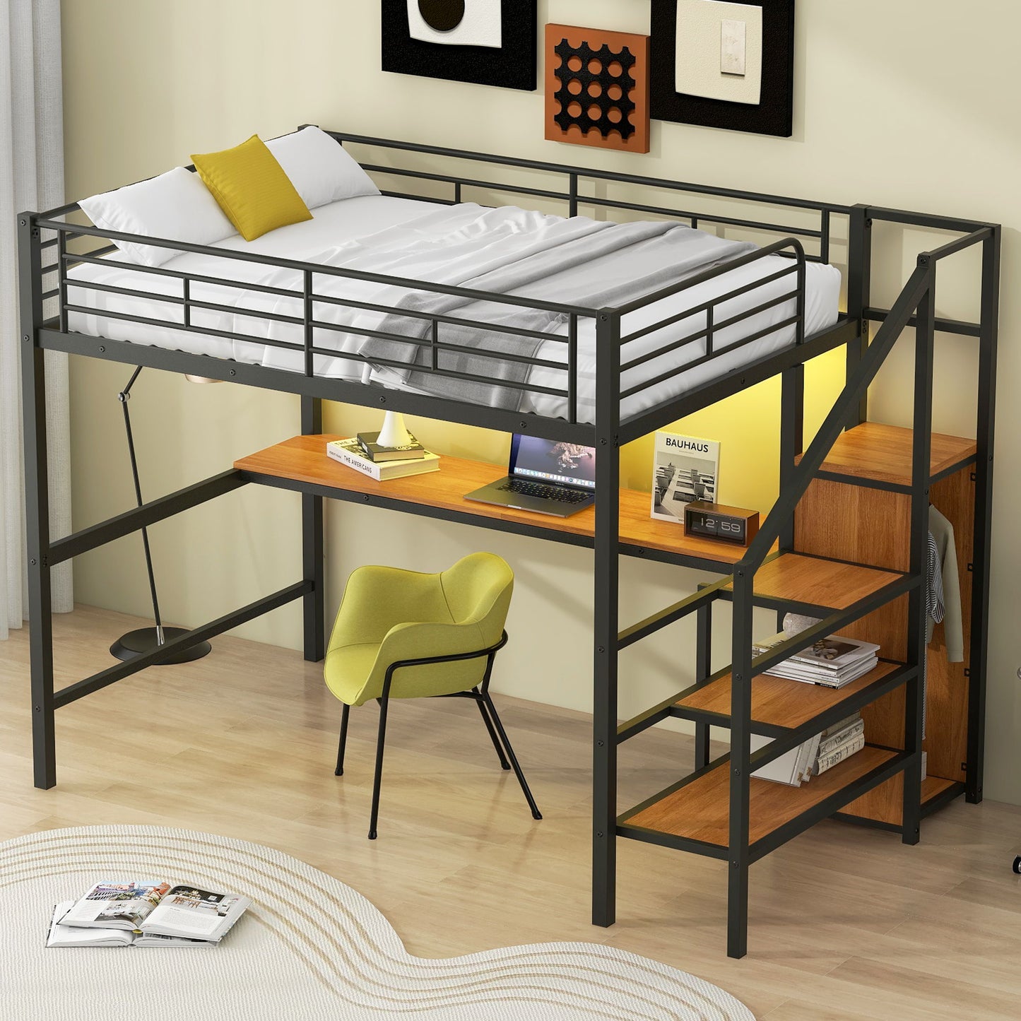 Loft Bed With Desk, Storage Staircase, Small Wardrobe And LED Light