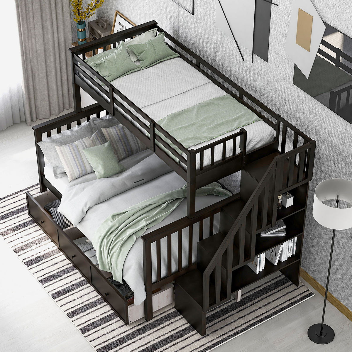 Stairway Bunk Bed With Storage And Guard Rail For Bedroom