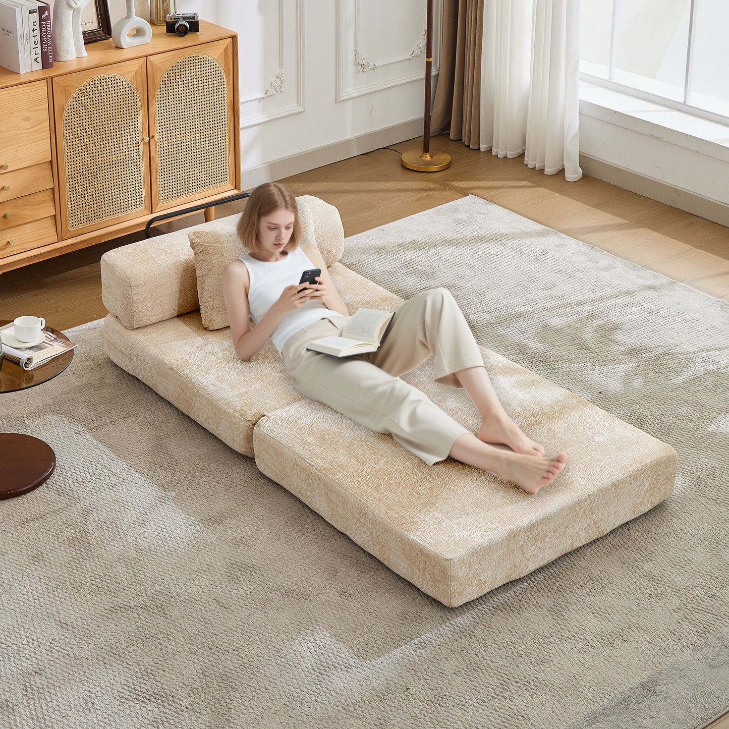Convertible Floor Sofa Bed With Fixed Shape Frame For Living Room