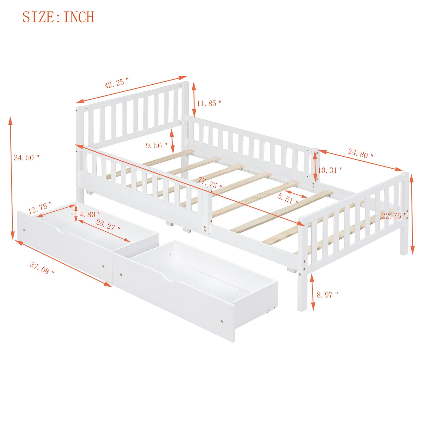 Platform Bed With Guardrails On Both Sides And 2 Storage Drawers