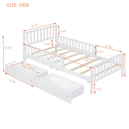 Platform Bed With Guardrails On Both Sides And 2 Storage Drawers