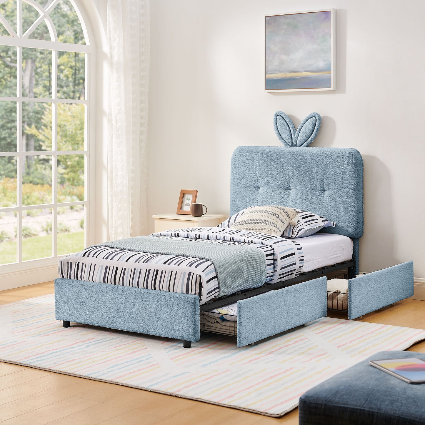 Upholstered Bed With Oversized Rabbit Ear Headboard, LED Lights & 4 Storage Drawers