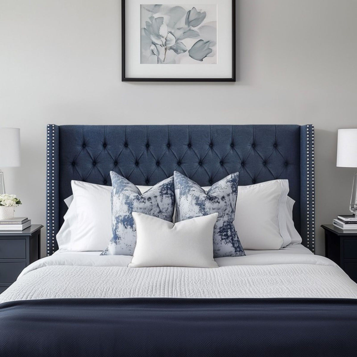 Transitional Upholstery Headboard With Tufted Buttons And Nailhead Trim
