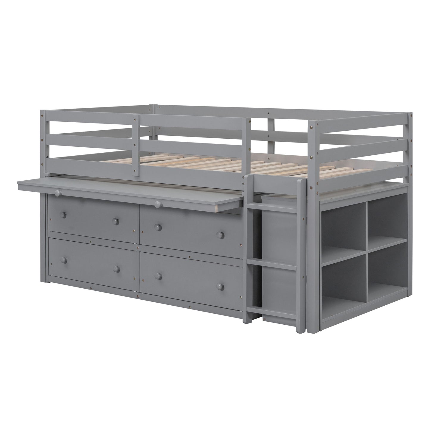Loft Bed With Retractable Writing Desk And 4 Drawers, With Lateral Portable Desk And Shelves