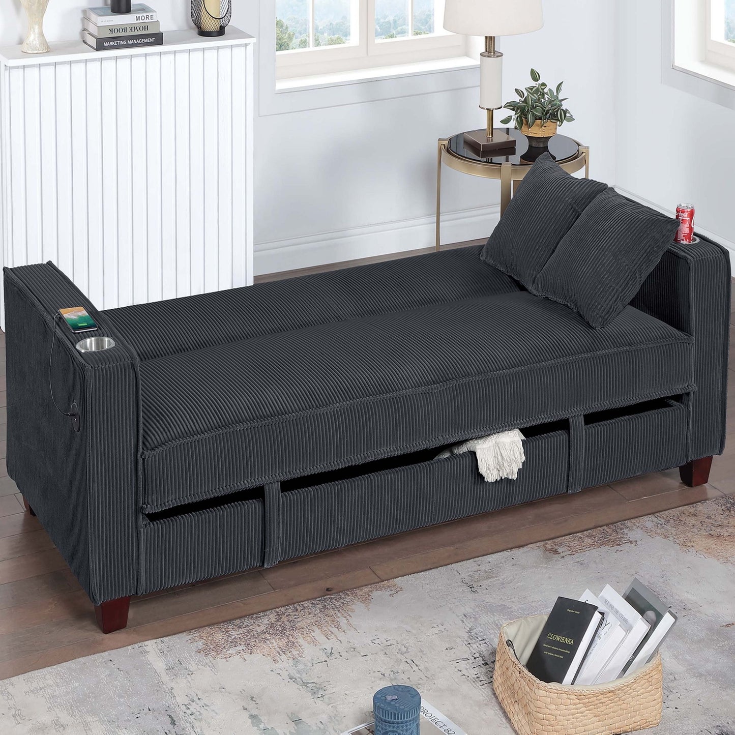 Modern Convertible Sofa With Hidden Storage USB Port, Cup Holder