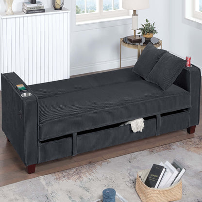Modern Convertible Sofa With Hidden Storage USB Port, Cup Holder