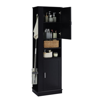 Tall Freestanding Bathroom Storage Cabinet With Adjustable Shelves And Side Hooks Board, Rectangle Design