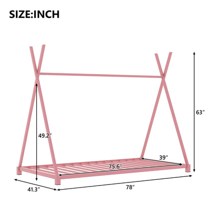 Metal House Platform Bed With Triangle Structure, Low Profile Design