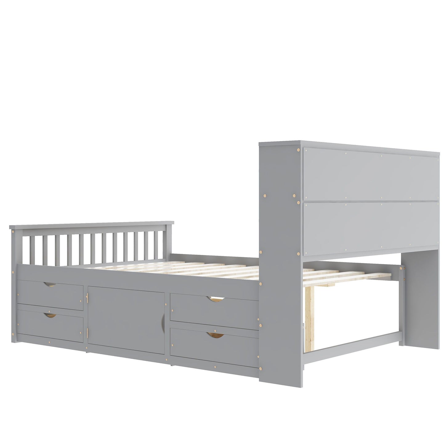 Captain Platform Bed Frame With Bookcase Headboard, 4 Drawers, Storage Shelves