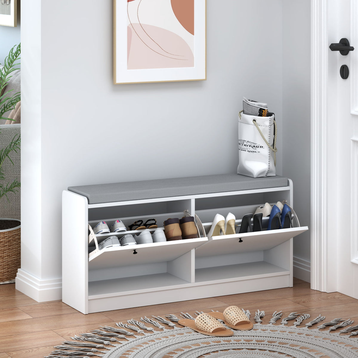 Shoe Storage Bench With Cushion, Entryway Organizer Cabinet For Hallway - White