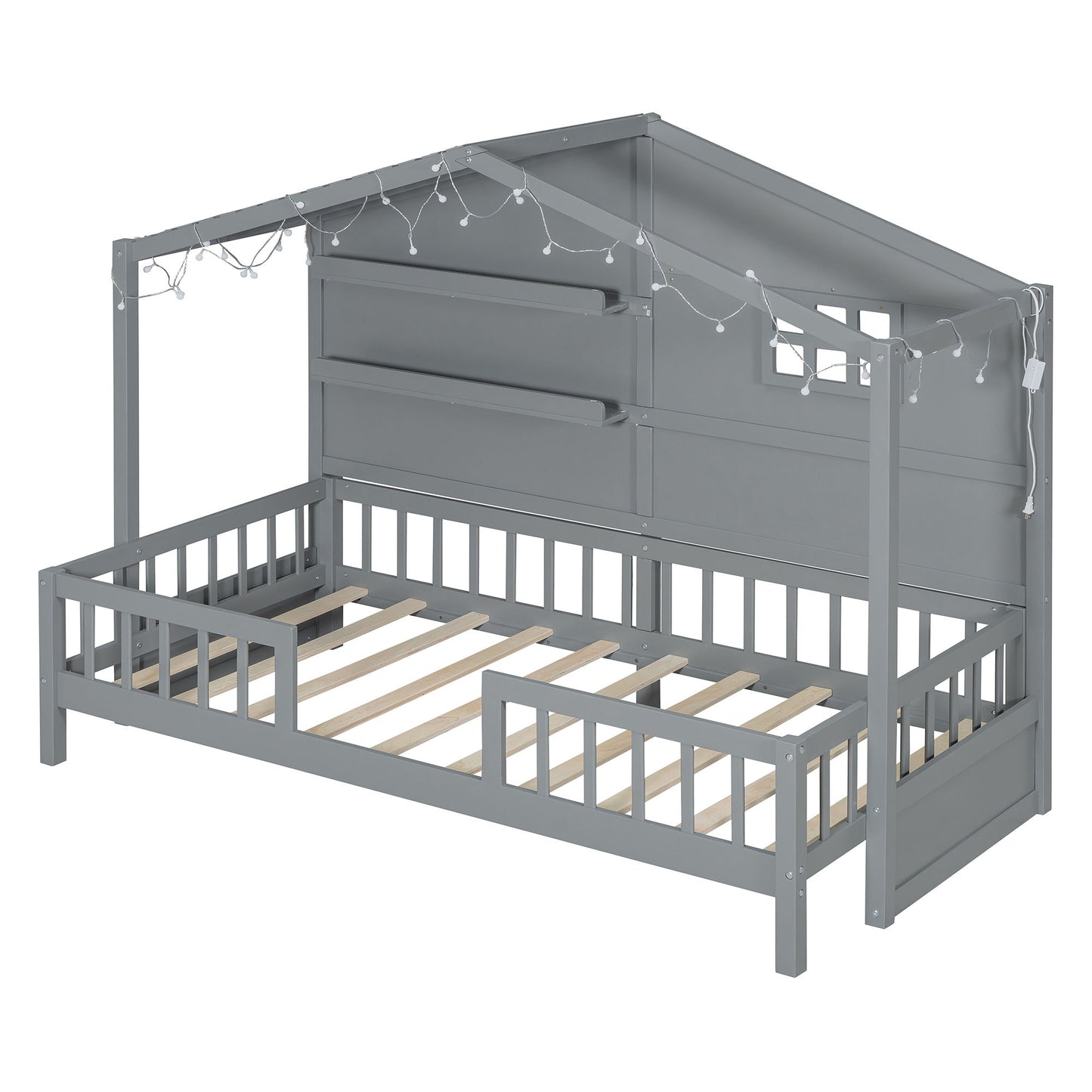 House Bed With Shelves, Window And Sparkling Light Strip On The Roof