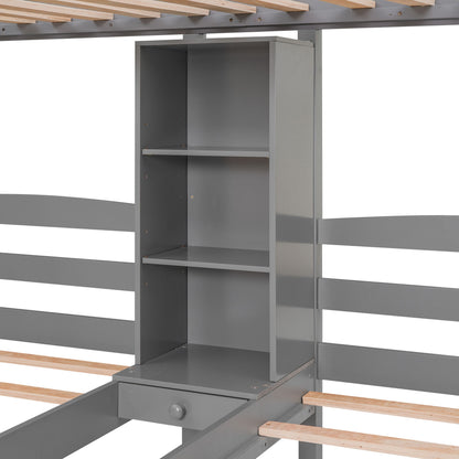 Twin Over Twin & Twin Bunk Bed With Drawers, Staircase Storage, Built In Shelves - Gray