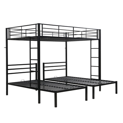 Modern Metal Triple Bunk Bed With Vertical Ladder, Safety Rail, And Storage Shelf - Black