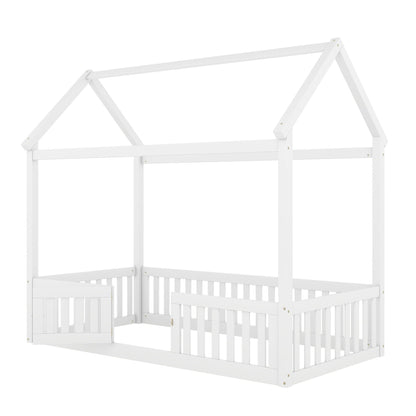 Wood House Bed With Fence And Door