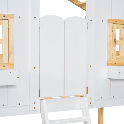 House Bunk Bed With Roof, Window, Window Box, Door, With Safety Guardrails And Ladder