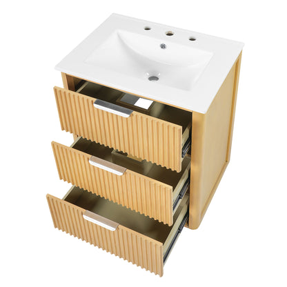 Bathroom Vanity With Sink, Open Shelf & Closed Storage - Natural Wood