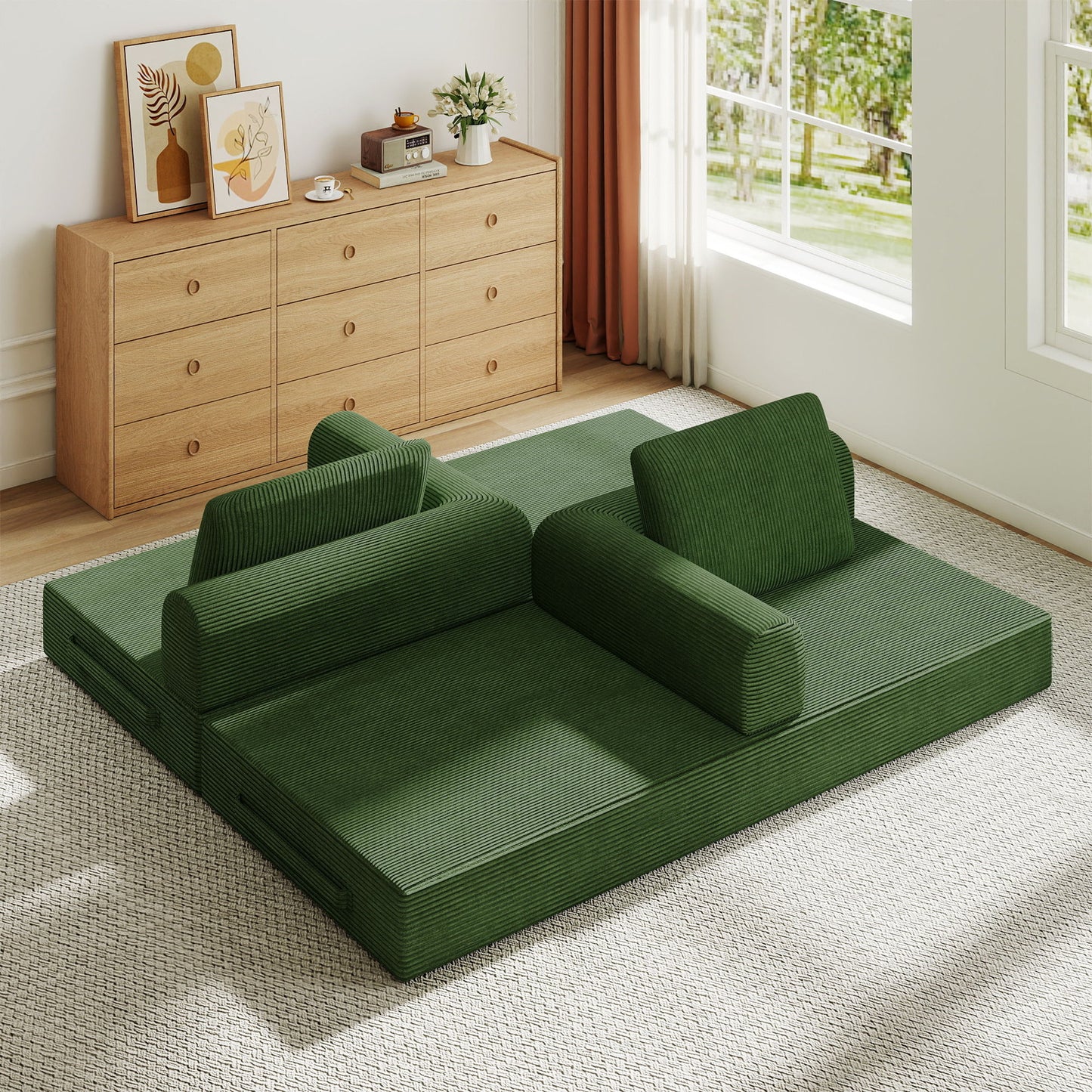 Convertible Sleeper Sofa Bed With Cylindrical Pillow, Fixed Shape Frame