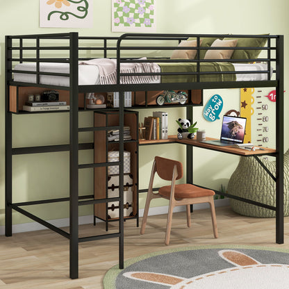 Full Size & Loft Bed With L-Shaped Desk And Shelves - Black
