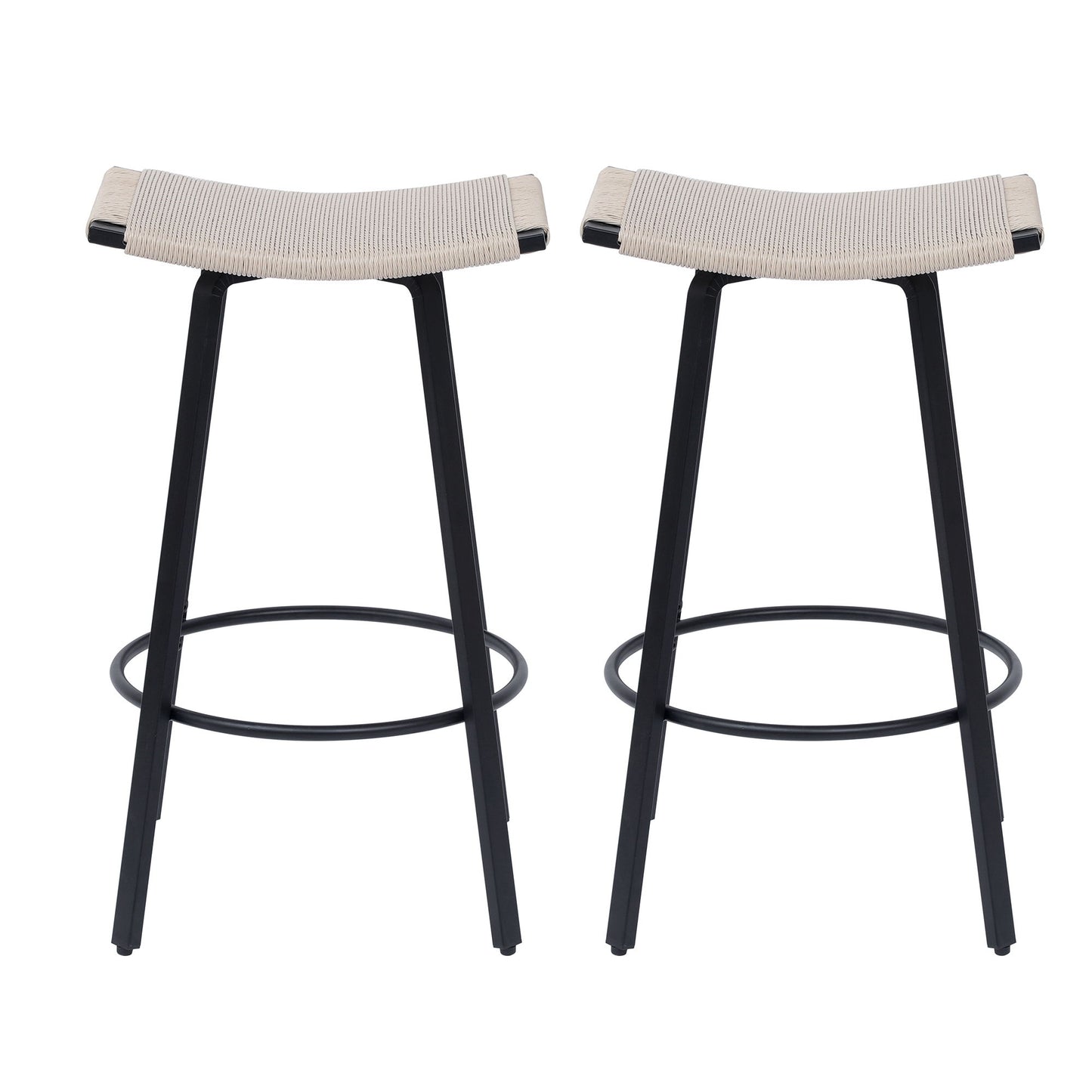 Counter Height Bar Stools Backless Handwoven Kitchen Dining Chairs With Round Footrest (Set of 2) Weaving Pub Stoo - Creamy White