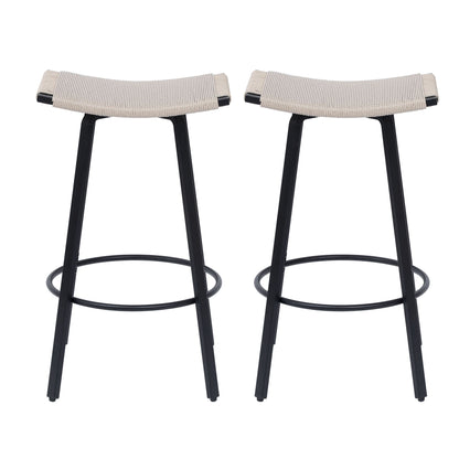 Counter Height Bar Stools Backless Handwoven Kitchen Dining Chairs With Round Footrest (Set of 2) Weaving Pub Stoo - Creamy White