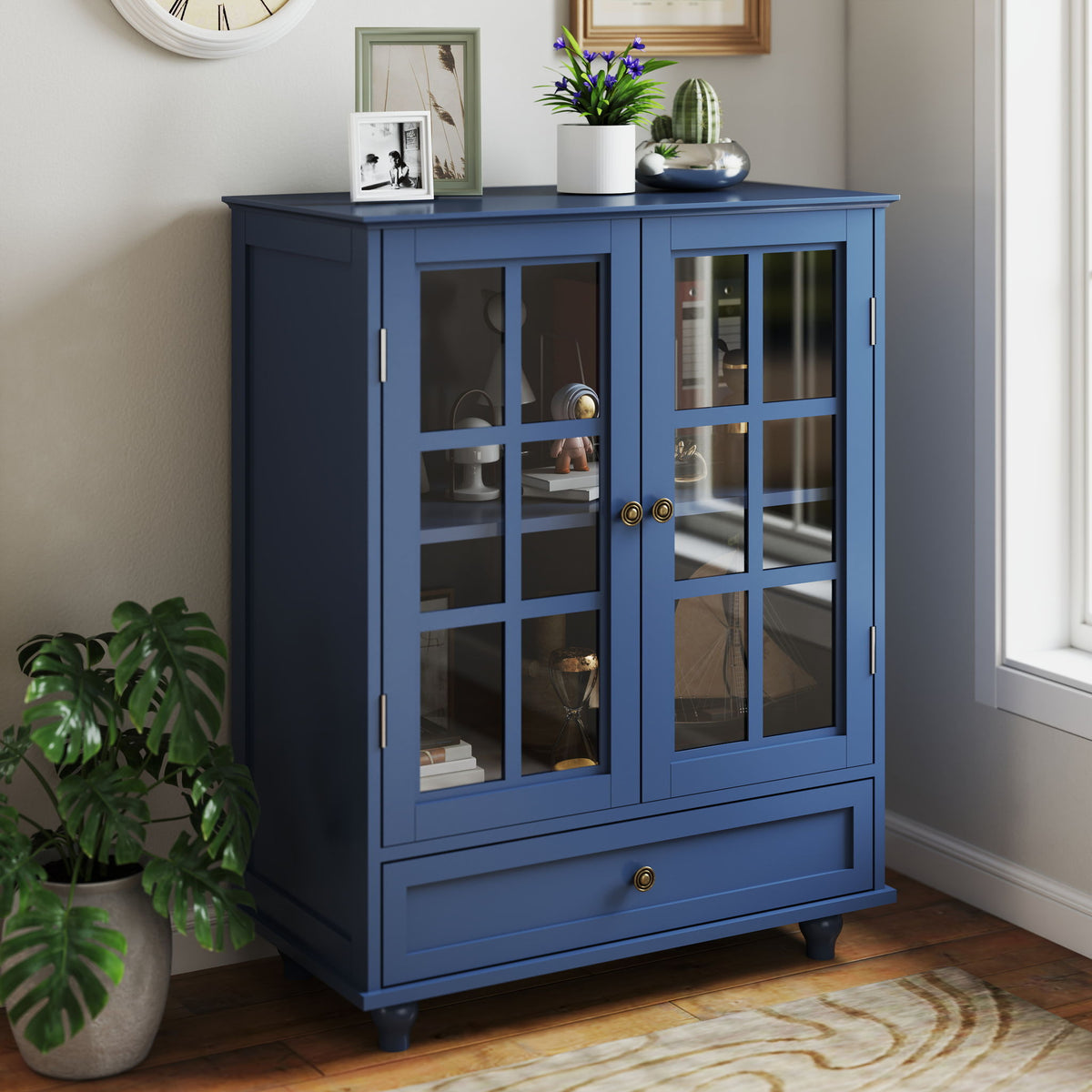 Minimalist Buffet Cabinet With Double Glass Doors And Drawer