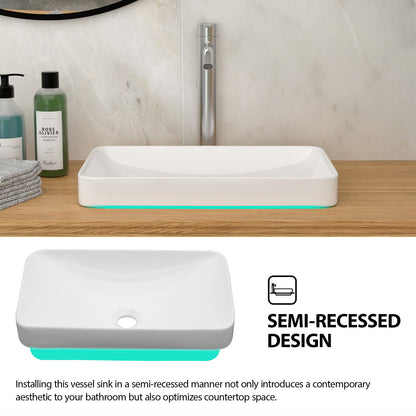 Semi Recessed Bathroom Sink With Countertop Vessel Design, 19" X 12" - White