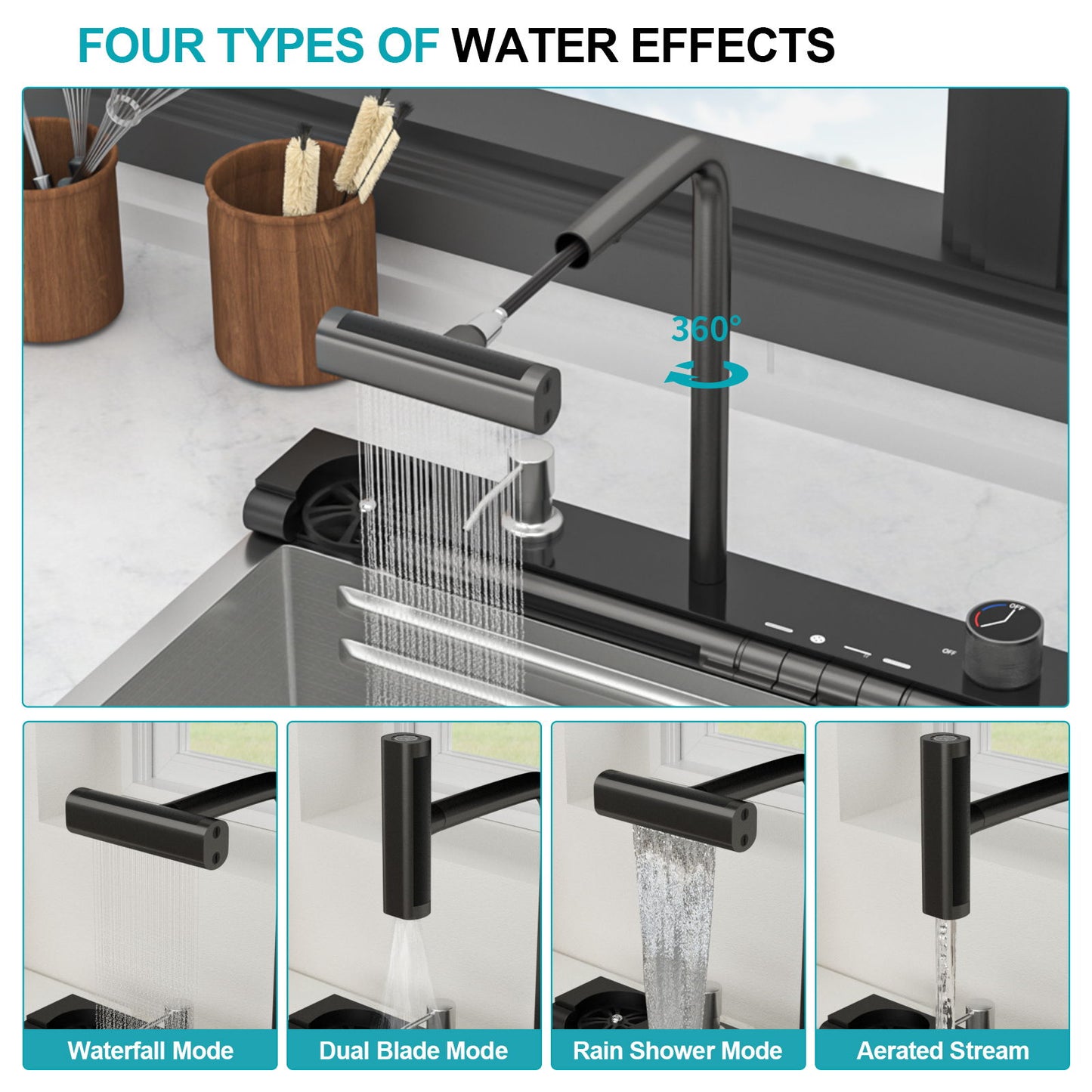 30" Single Bowl Kitchen Sink With Smart LED Faucet